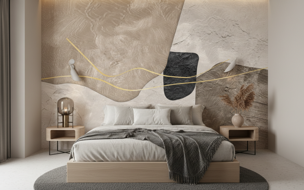 Papier peint abstrait minimaliste aux formes géométriques dorées - Chambre adulte