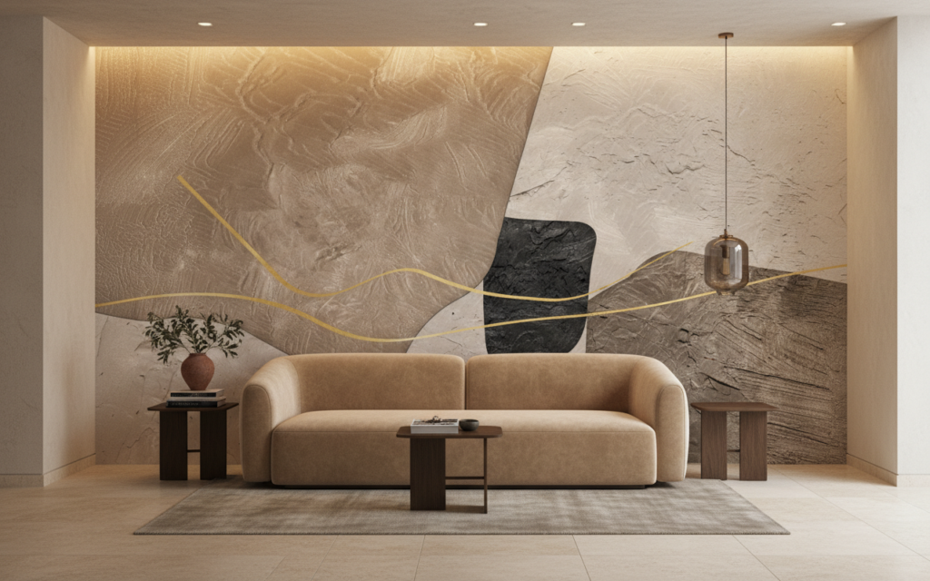 Papier peint abstrait minimaliste aux formes géométriques dorées - Hôtel