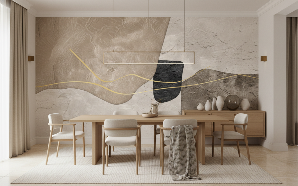 Papier peint abstrait minimaliste aux formes géométriques dorées - Salle à manger