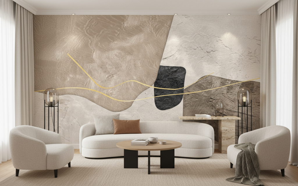 Papier peint abstrait minimaliste aux formes géométriques dorées - Salon / Séjour