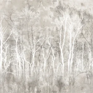 Papier peint forêt mystérieuse aux tons beiges et blancs