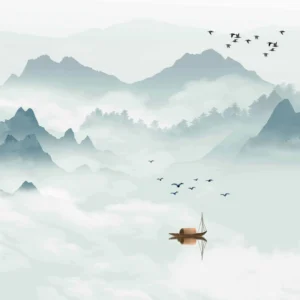 Paysage montagneux brumeux avec cerisier rose et bateau traditionnel