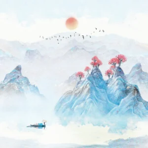 Papier Peint Paysage Asiatique Montagnes Bleues et Cerisiers Roses