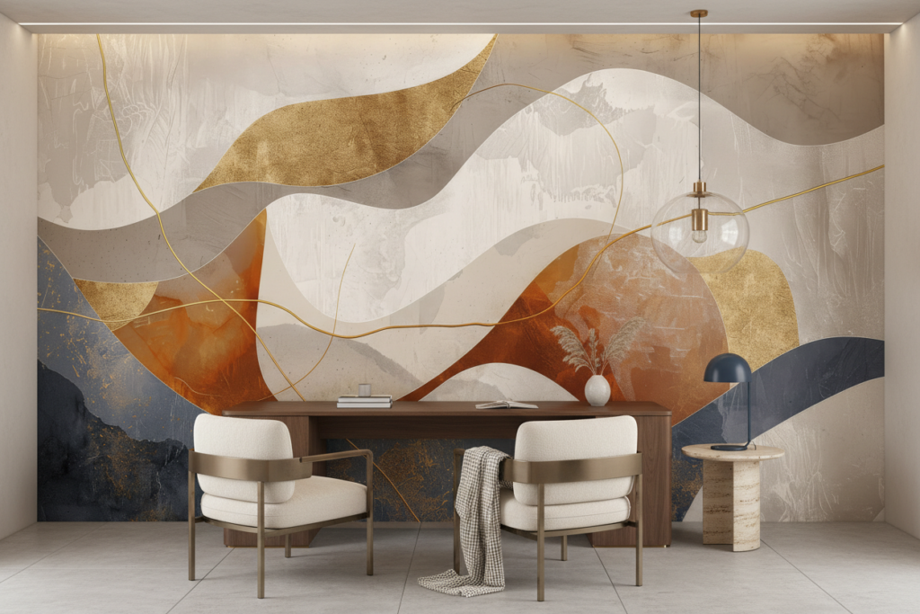 Papier Peint Abstrait Moderne aux Formes Organiques Dorées - Bureau