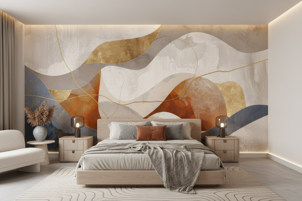 Papier Peint Abstrait Moderne aux Formes Organiques Dorées - Chambre adulte