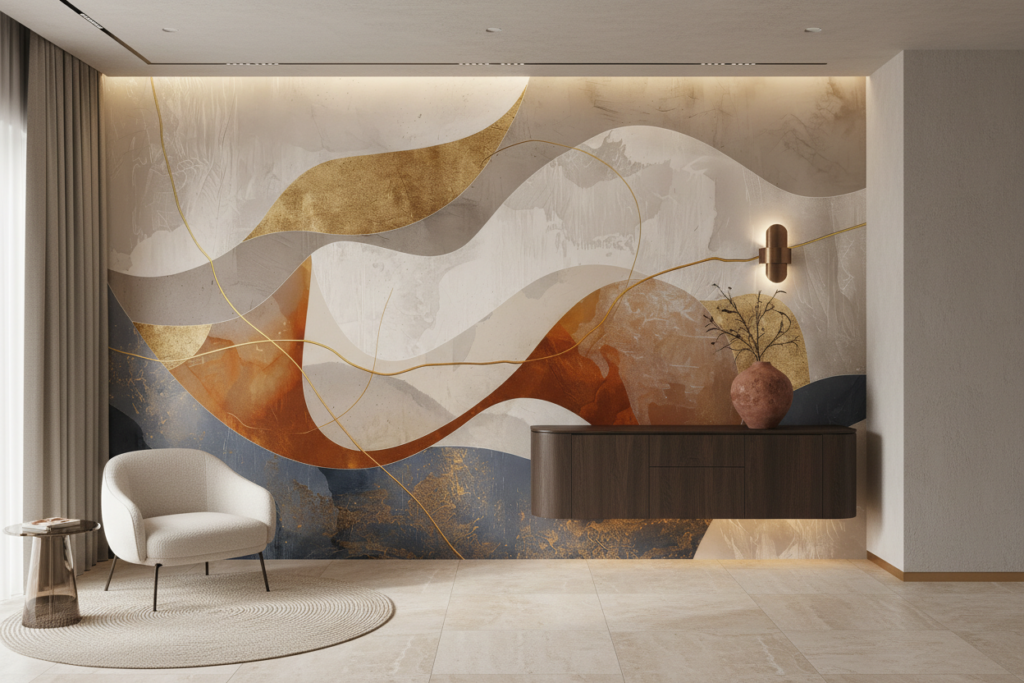 Papier Peint Abstrait Moderne aux Formes Organiques Dorées - Entrée