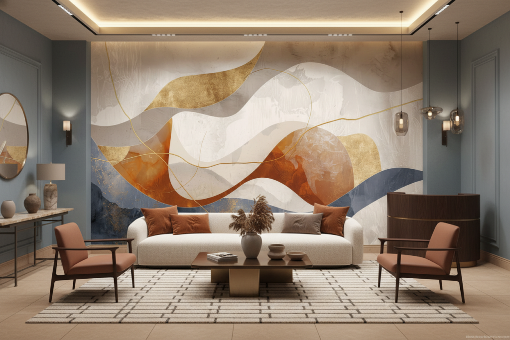 Papier Peint Abstrait Moderne aux Formes Organiques Dorées - Hôtel