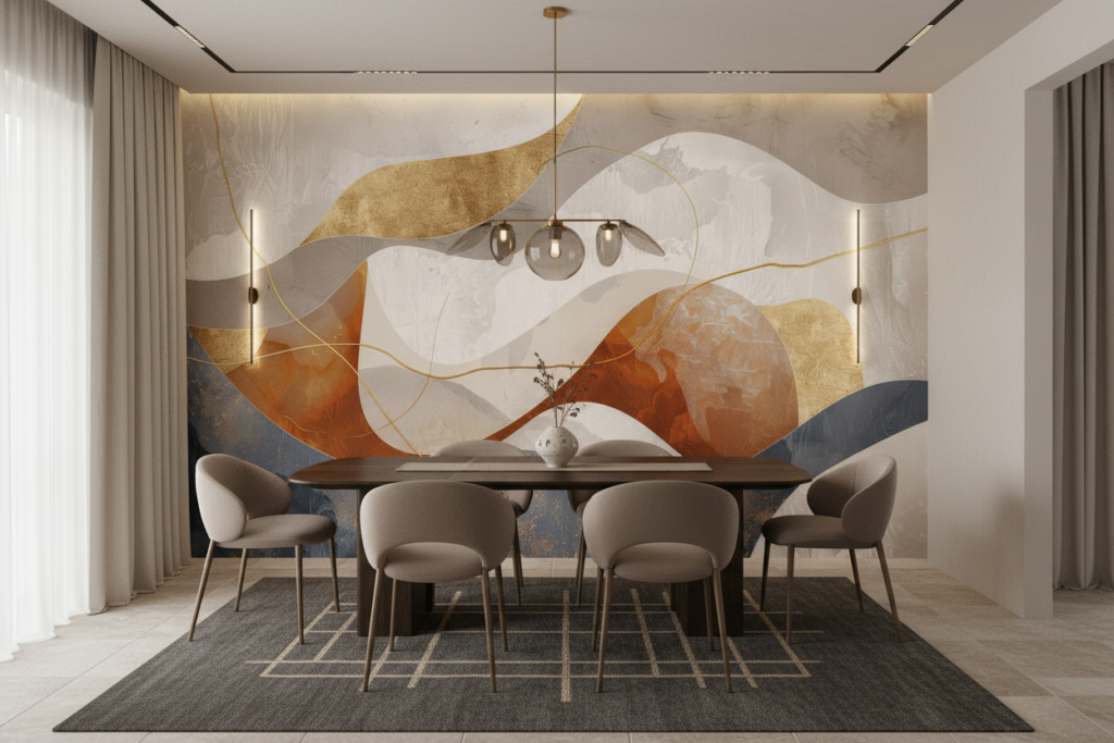 Papier Peint Abstrait Moderne aux Formes Organiques Dorées - Salle à manger