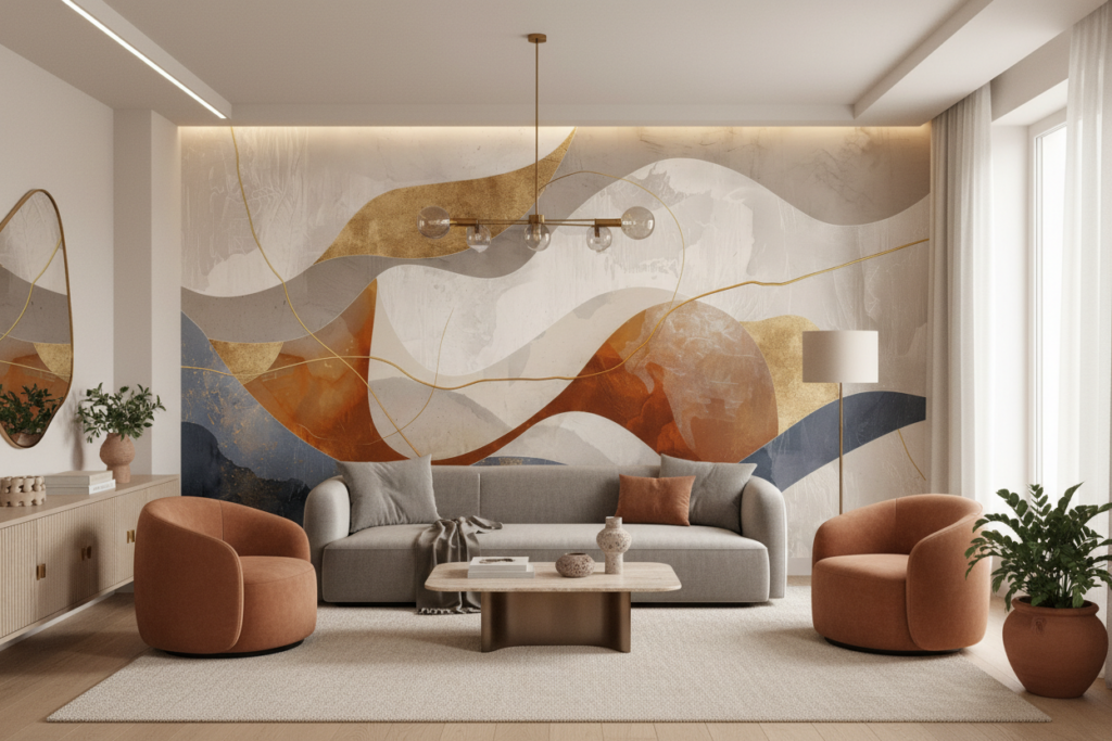 Papier Peint Abstrait Moderne aux Formes Organiques Dorées - Salon / Séjour