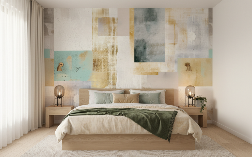 Papier peint abstrait moderne aux tons dorés et aquarelle - Chambre adulte