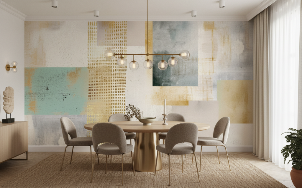 Papier peint abstrait moderne aux tons dorés et aquarelle - Salle à manger
