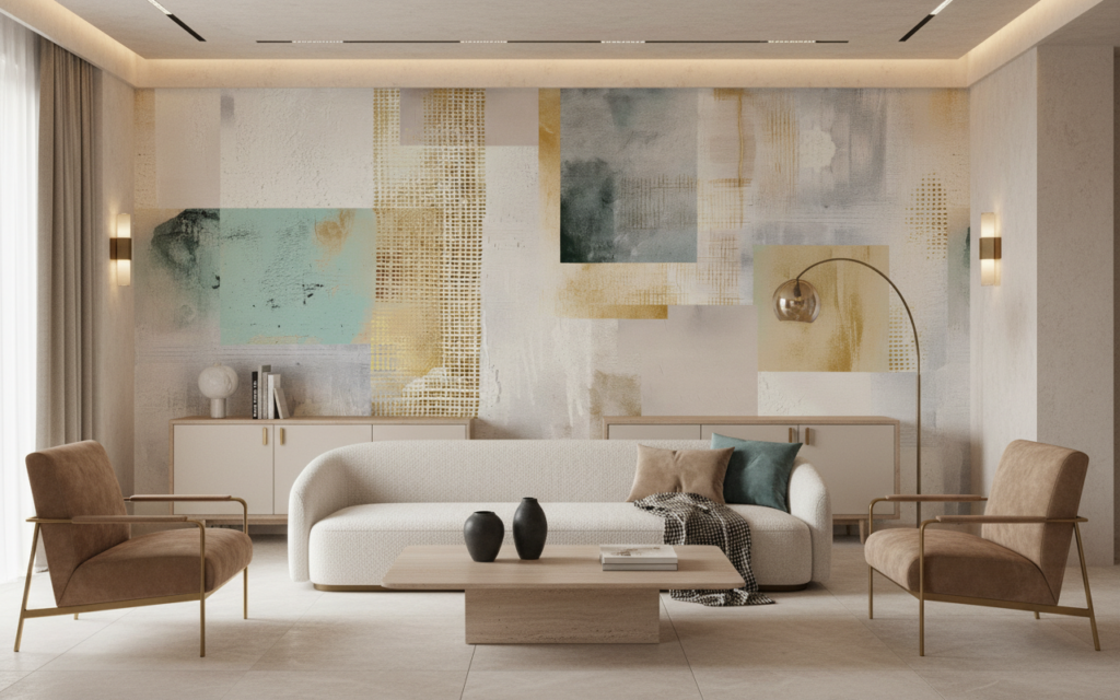 Papier peint abstrait moderne aux tons dorés et aquarelle - Salon / Séjour