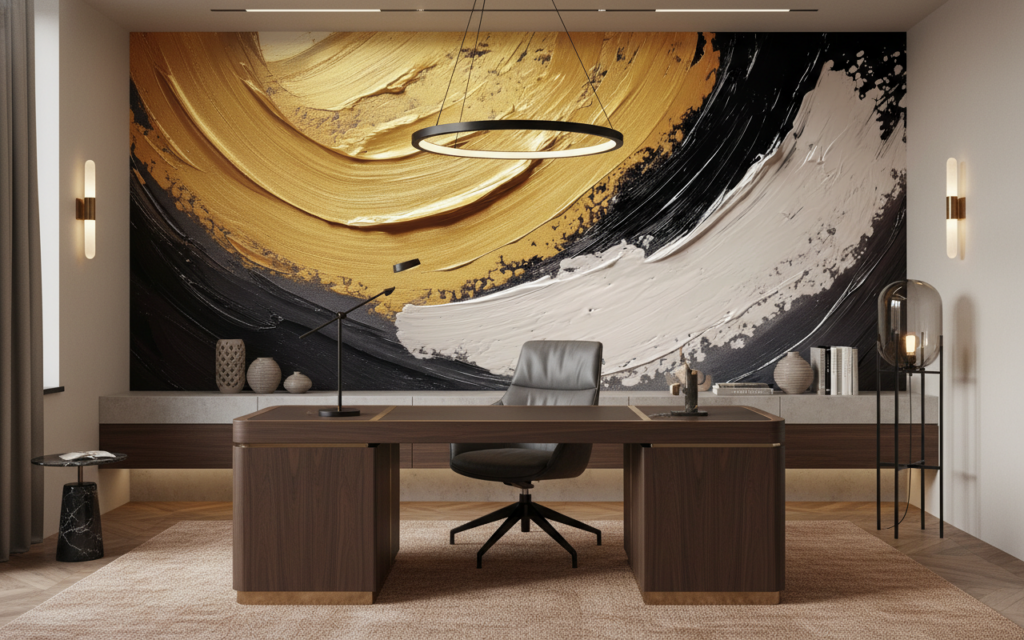 Papier peint abstrait moderne aux touches dorées et noires élégantes - Bureau