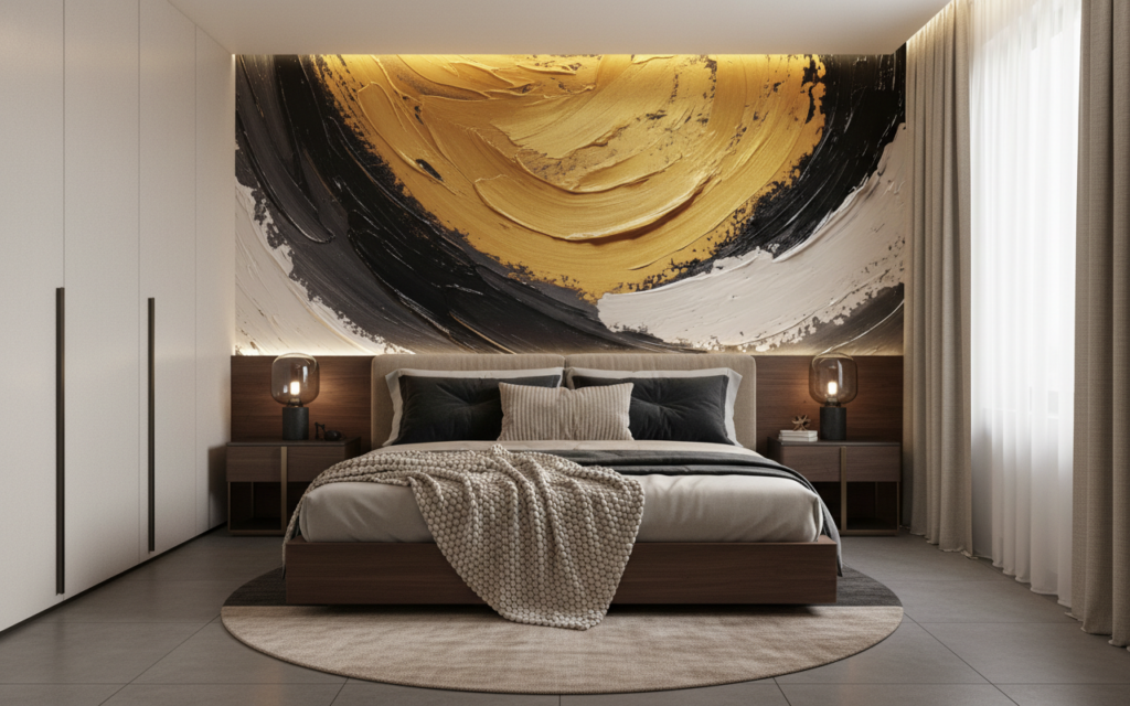 Papier peint abstrait moderne aux touches dorées et noires élégantes - Chambre adulte