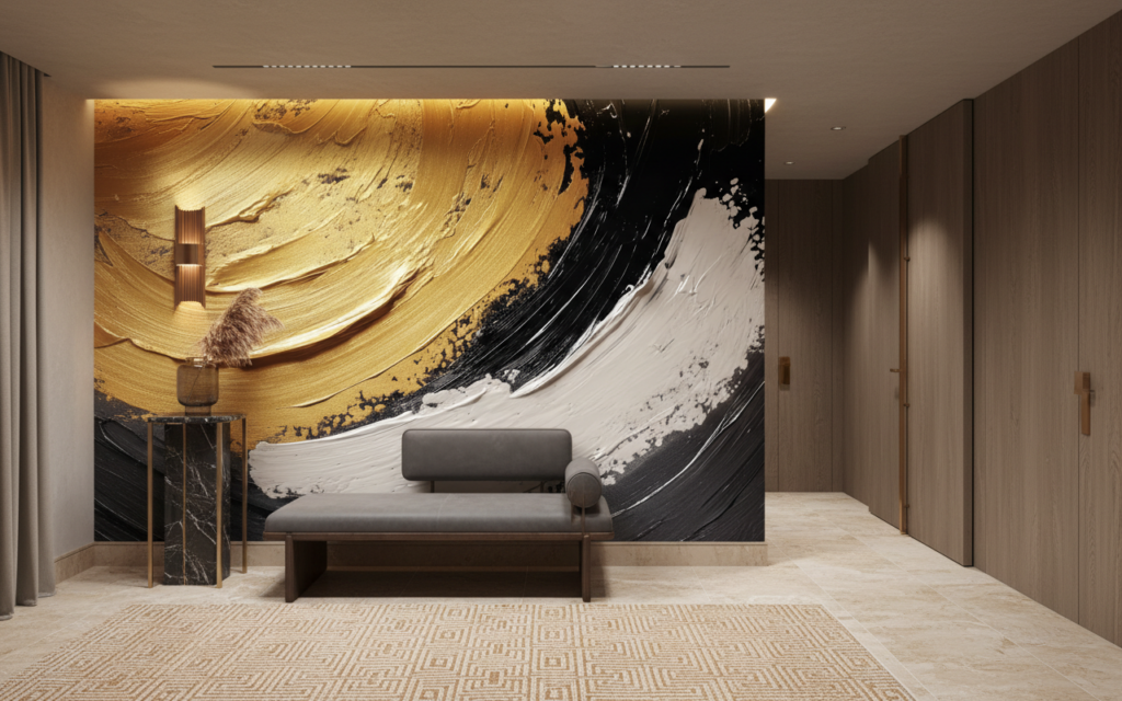 Papier peint abstrait moderne aux touches dorées et noires élégantes - Entrée