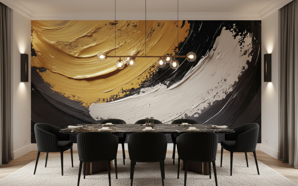 Papier peint abstrait moderne aux touches dorées et noires élégantes - Salle à manger