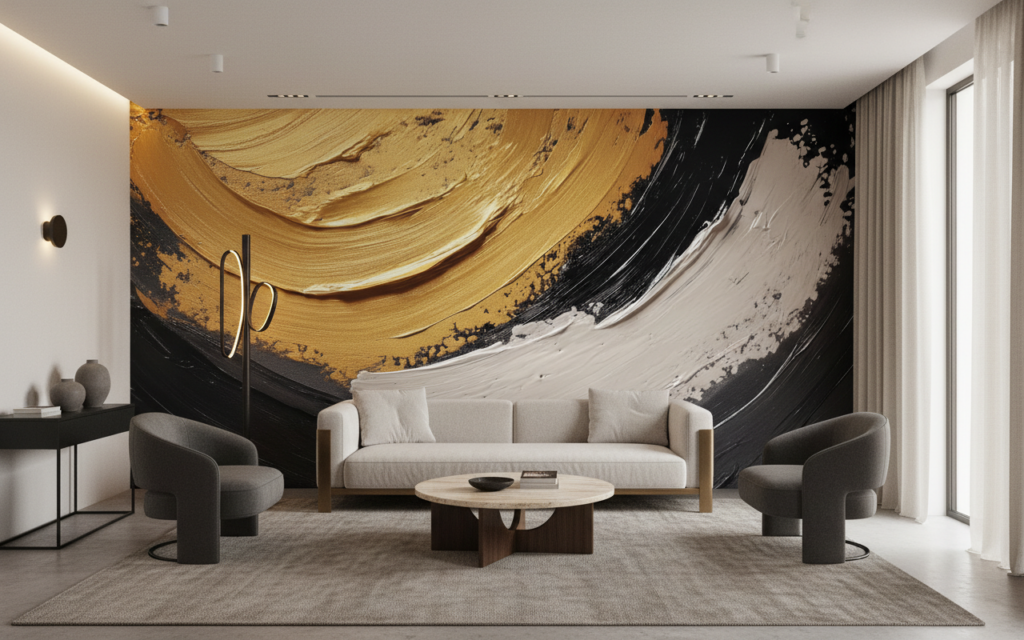 Papier peint abstrait moderne aux touches dorées et noires élégantes - Salon / Séjour