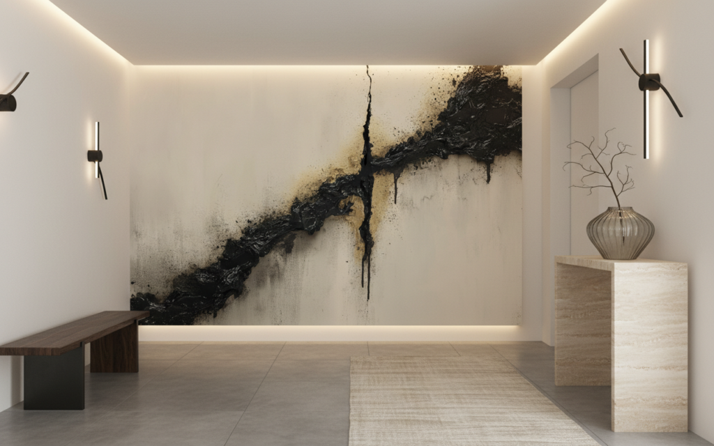 Papier peint abstrait moderne avec fissures noires dorées - Entrée