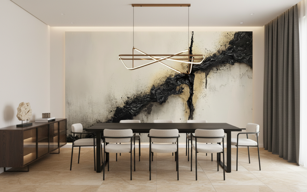 Papier peint abstrait moderne avec fissures noires dorées - Salle à manger