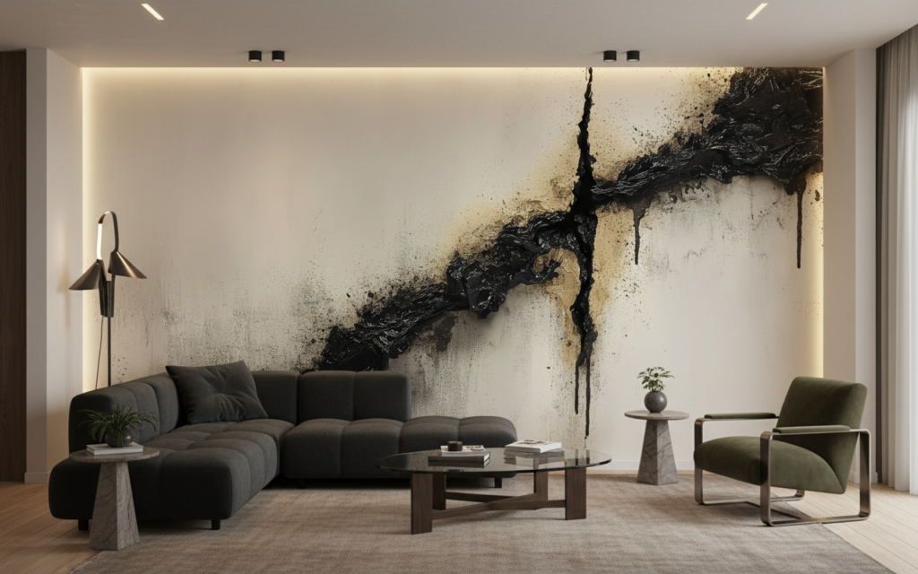 Papier peint abstrait moderne avec fissures noires dorées - Salon / Séjour