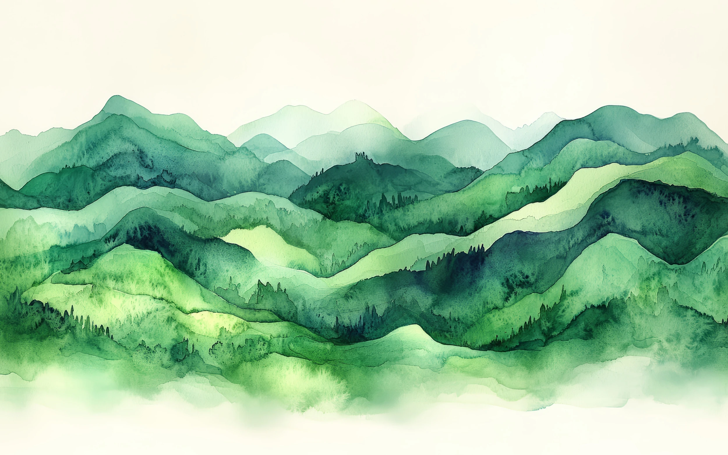 Papier Peint Montagnes Vertes Aquarelle Style Zen Nature
