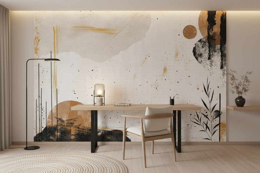 Papier peint abstrait moderne beige doré avec motifs organiques contemporains - Bureau