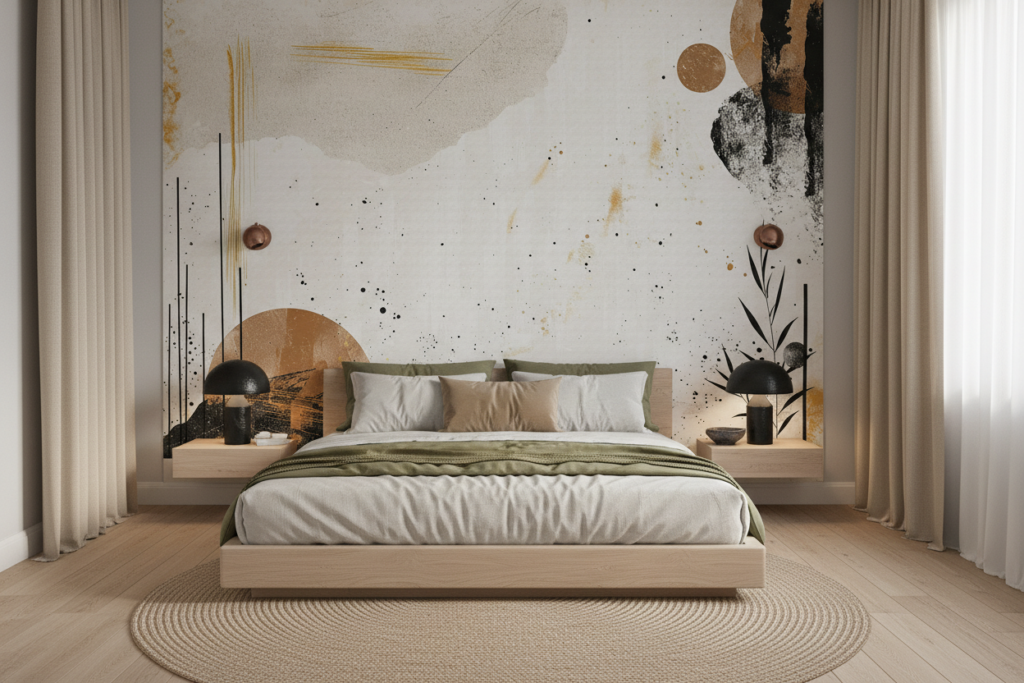 Papier peint abstrait moderne beige doré avec motifs organiques contemporains - Chambre adulte