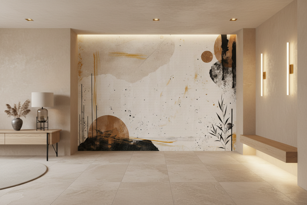 Papier peint abstrait moderne beige doré avec motifs organiques contemporains - Entrée