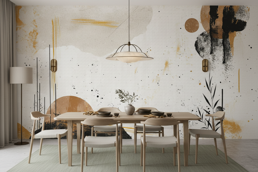 Papier peint abstrait moderne beige doré avec motifs organiques contemporains - Salle à manger