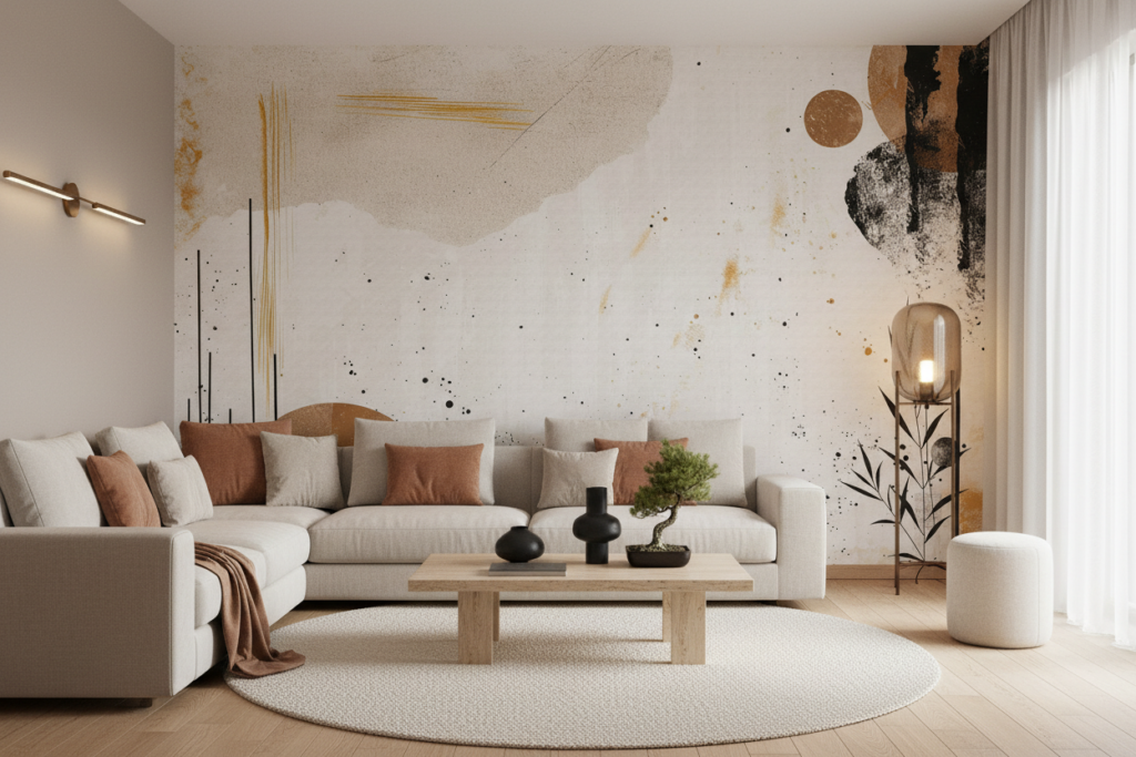 Papier peint abstrait moderne beige doré avec motifs organiques contemporains - Salon / Séjour