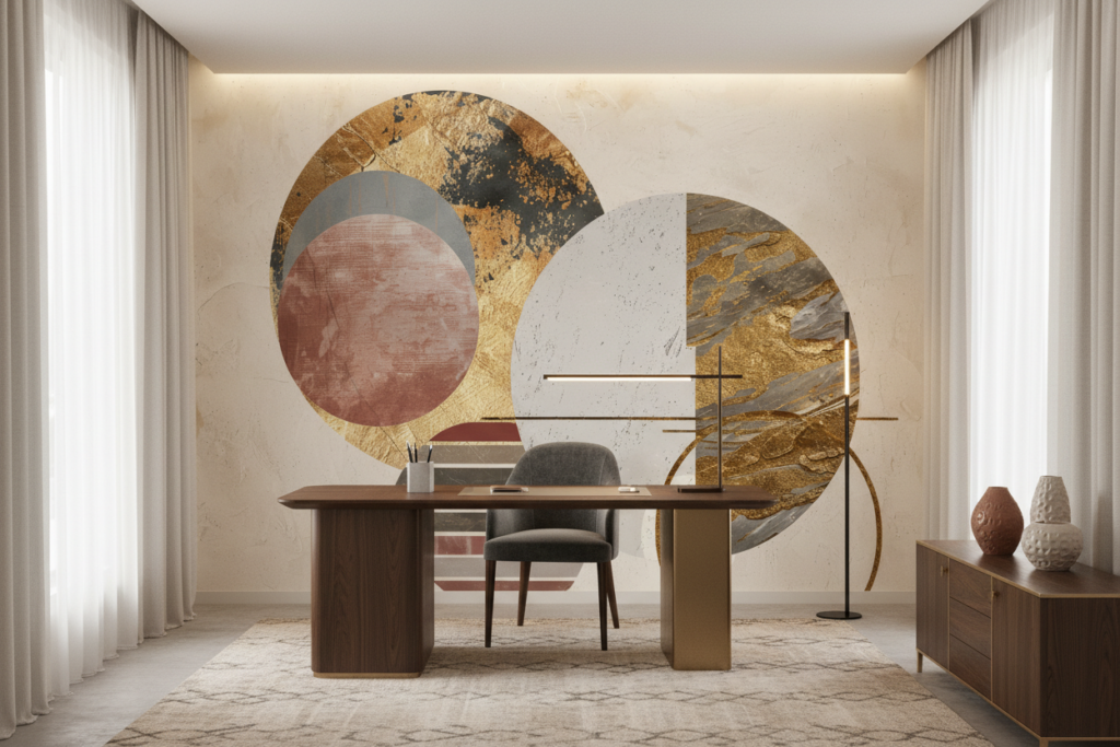 Papier Peint Abstrait Moderne Cercles Dorés et Formes Géométriques - Bureau