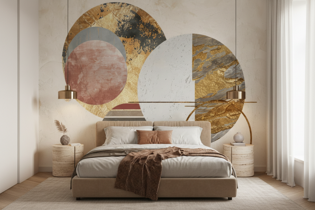 Papier Peint Abstrait Moderne Cercles Dorés et Formes Géométriques - Chambre adulte