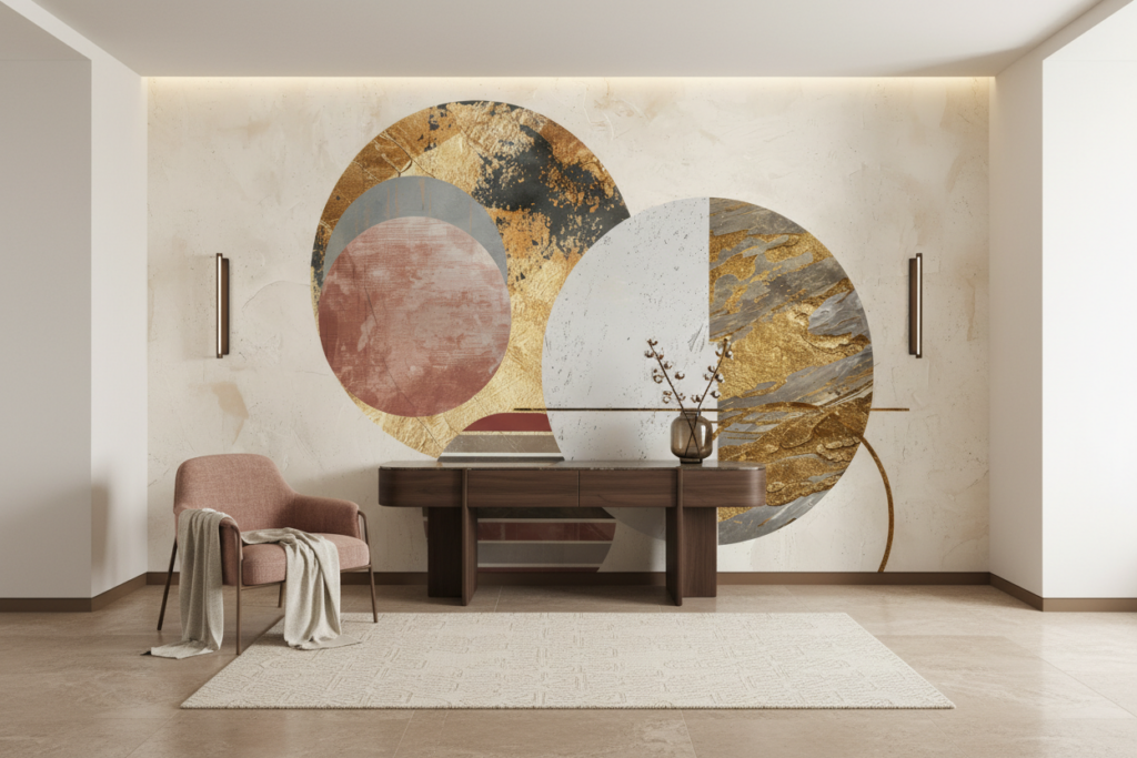 Papier Peint Abstrait Moderne Cercles Dorés et Formes Géométriques - Entrée