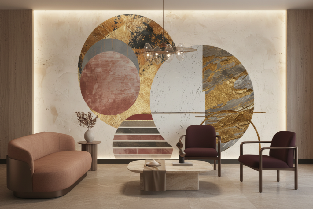 Papier Peint Abstrait Moderne Cercles Dorés et Formes Géométriques - Hôtel