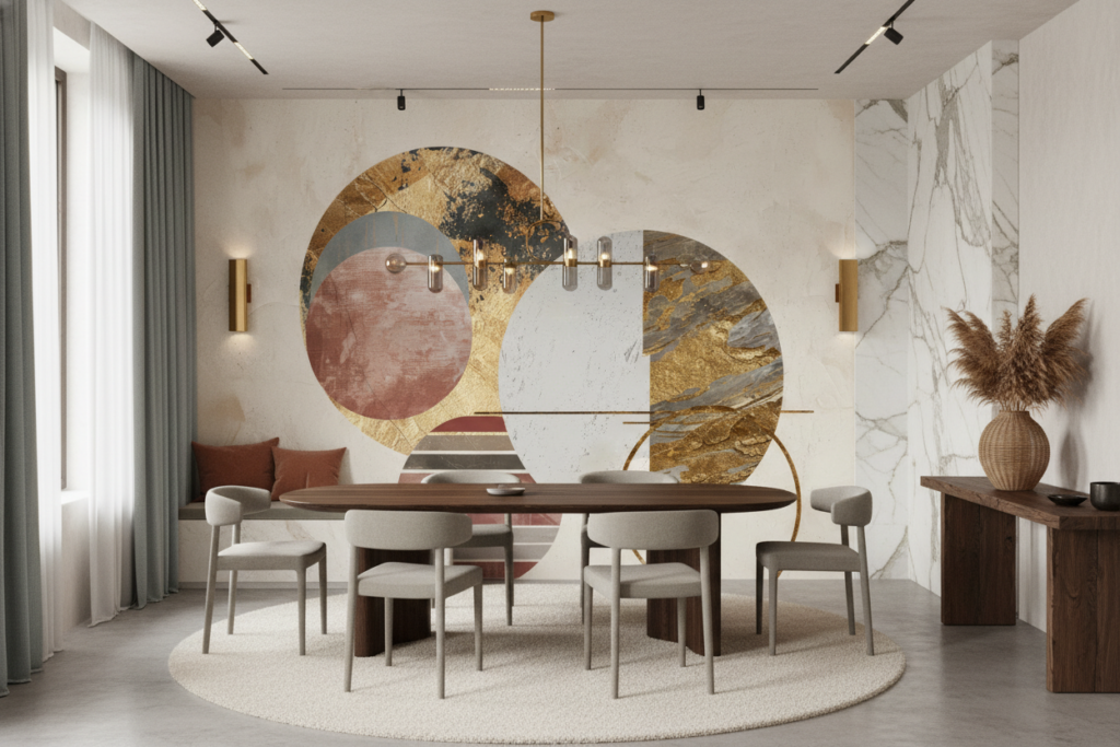 Papier Peint Abstrait Moderne Cercles Dorés et Formes Géométriques - Salle à manger