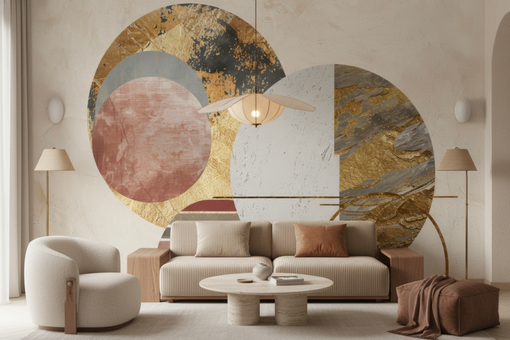 Papier Peint Abstrait Moderne Cercles Dorés et Formes Géométriques - Salon / Séjour