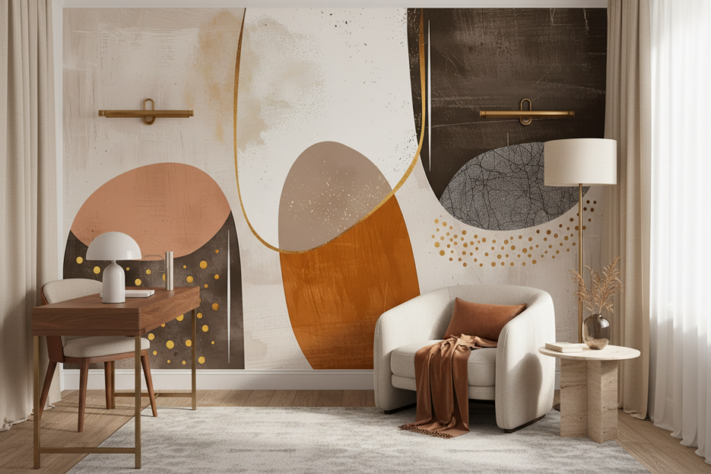 Papier peint abstrait moderne formes géométriques dorées et terracotta - Bureau