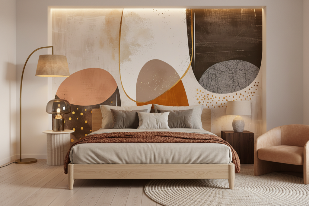 Papier peint abstrait moderne formes géométriques dorées et terracotta - Chambre adulte