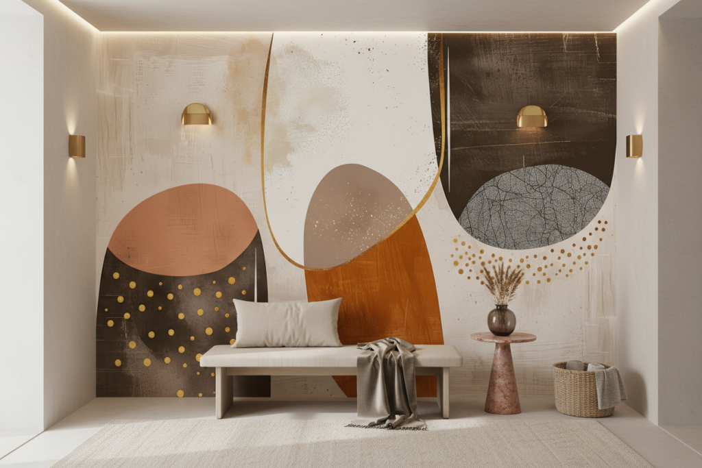 Papier peint abstrait moderne formes géométriques dorées et terracotta - Entrée