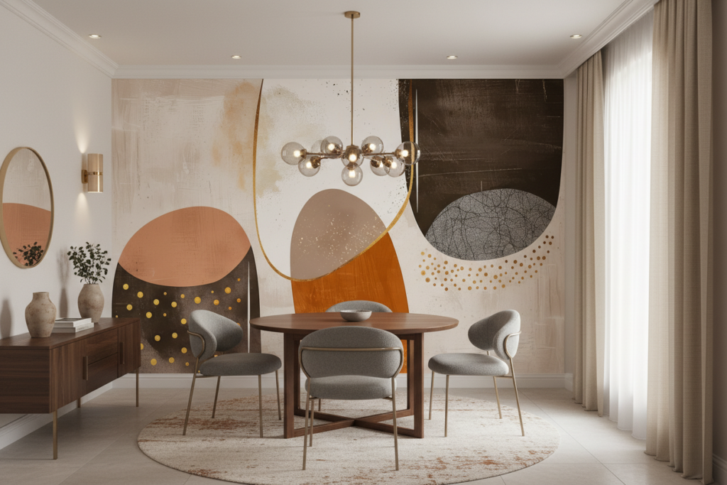 Papier peint abstrait moderne formes géométriques dorées et terracotta - Salle à manger