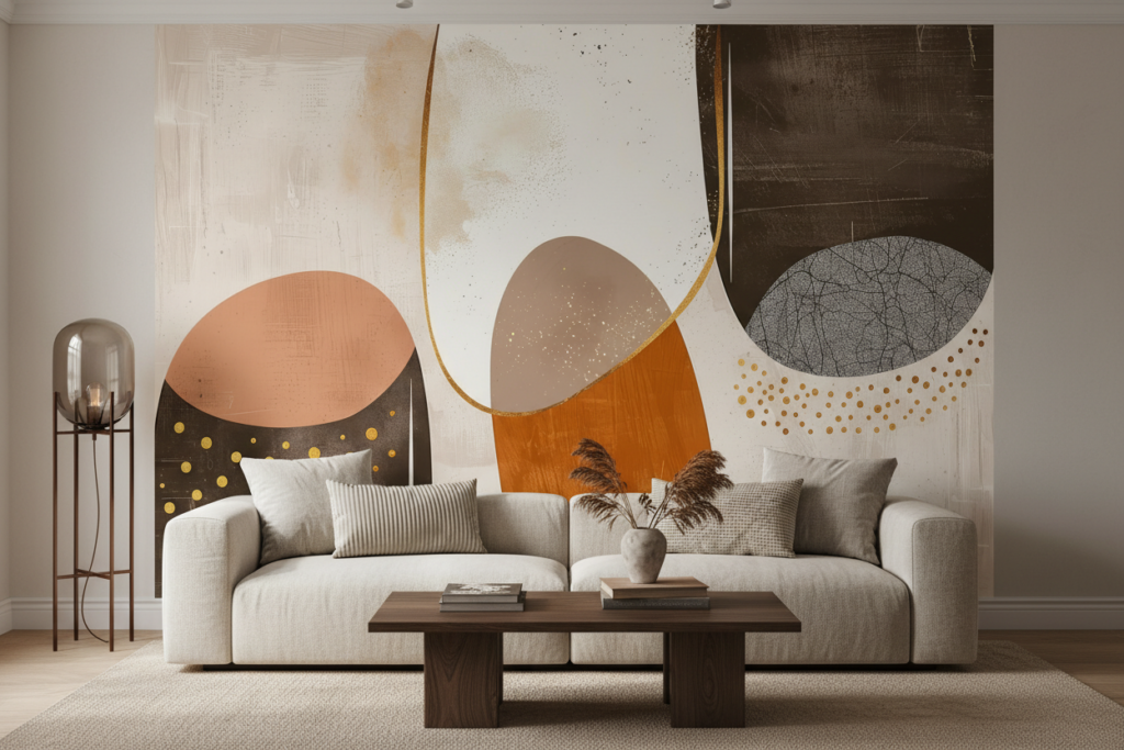 Papier peint abstrait moderne formes géométriques dorées et terracotta - Salon / Séjour