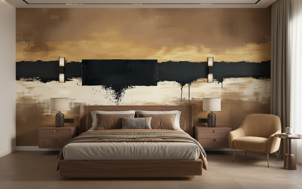 Papier peint abstrait moderne tons dorés et noirs - Chambre adulte