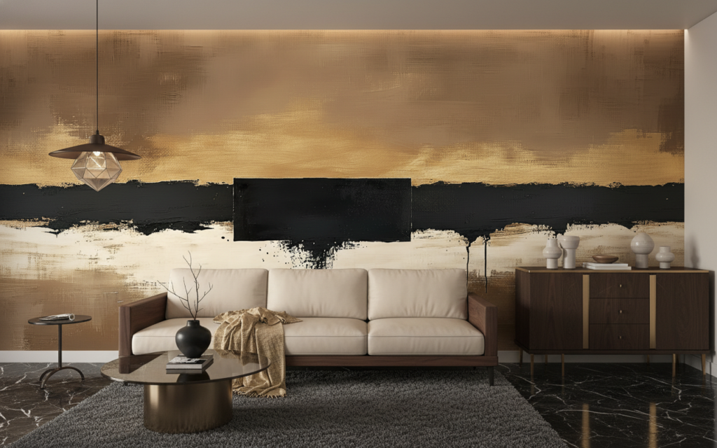 Papier peint abstrait moderne tons dorés et noirs - Hôtel