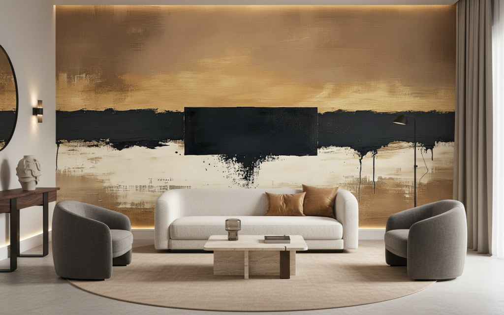 Papier peint abstrait moderne tons dorés et noirs - Salon / Séjour