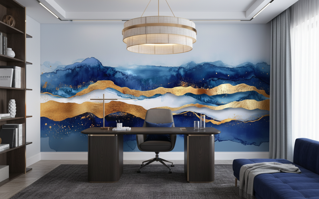 Papier Peint Abstrait Montagnes Dorées et Vagues Bleues Luxueuses - Bureau