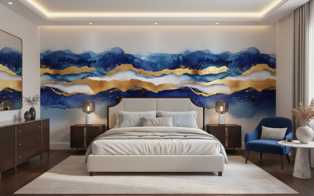 Papier Peint Abstrait Montagnes Dorées et Vagues Bleues Luxueuses - Chambre adulte