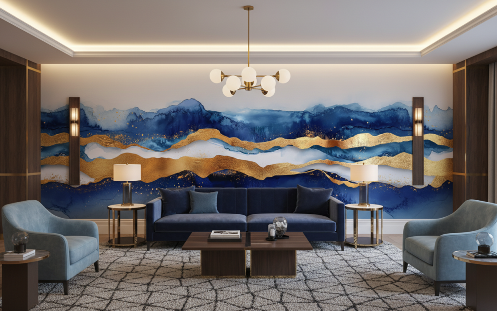 Papier Peint Abstrait Montagnes Dorées et Vagues Bleues Luxueuses - Hôtel