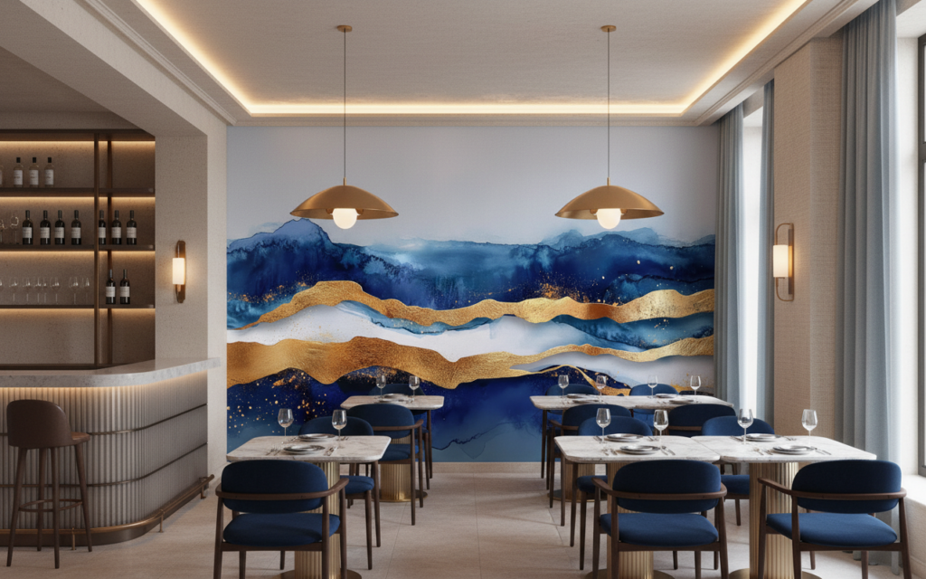Papier Peint Abstrait Montagnes Dorées et Vagues Bleues Luxueuses - Restaurant
