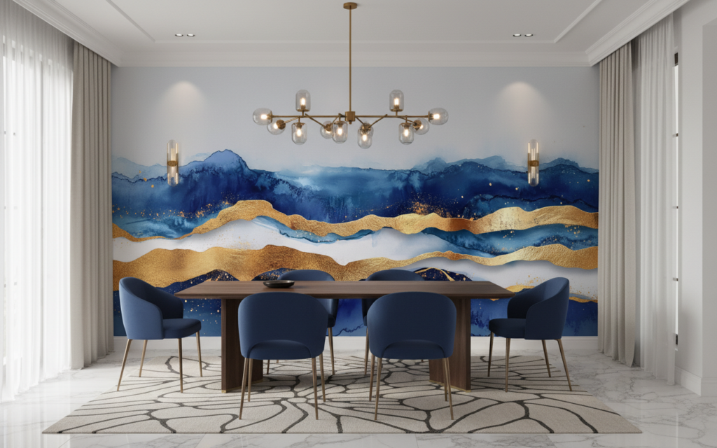 Papier Peint Abstrait Montagnes Dorées et Vagues Bleues Luxueuses - Salle à manger