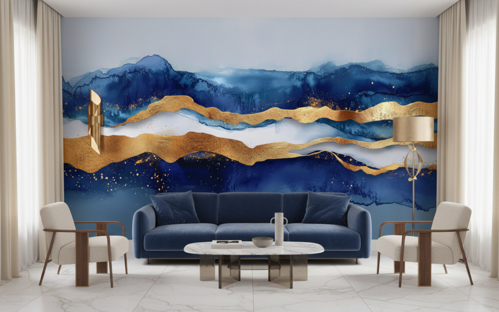 Papier Peint Abstrait Montagnes Dorées et Vagues Bleues Luxueuses - Salon / Séjour